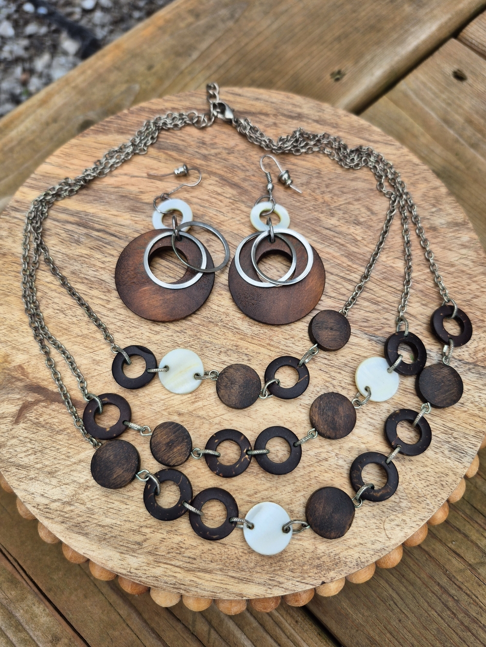 3 For $15 !! Boho Wood and Shell Statement Necklace and Earring Set